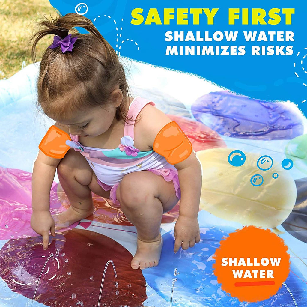 3-in-1 kids splash pad fountain, toddler splashing in shallow water on purple inflatable