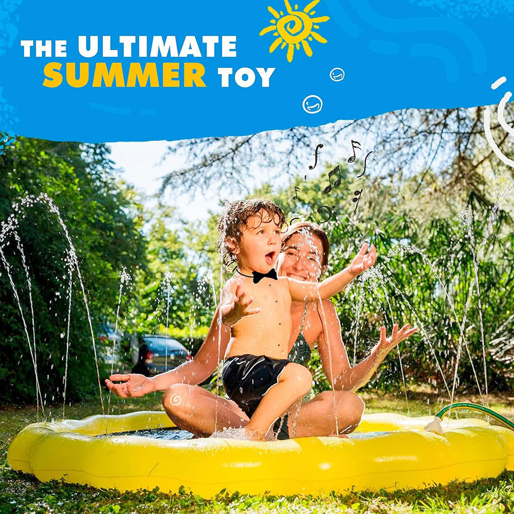 3-in-1 kids splash pad, yellow inflatable with water jets and two children playing