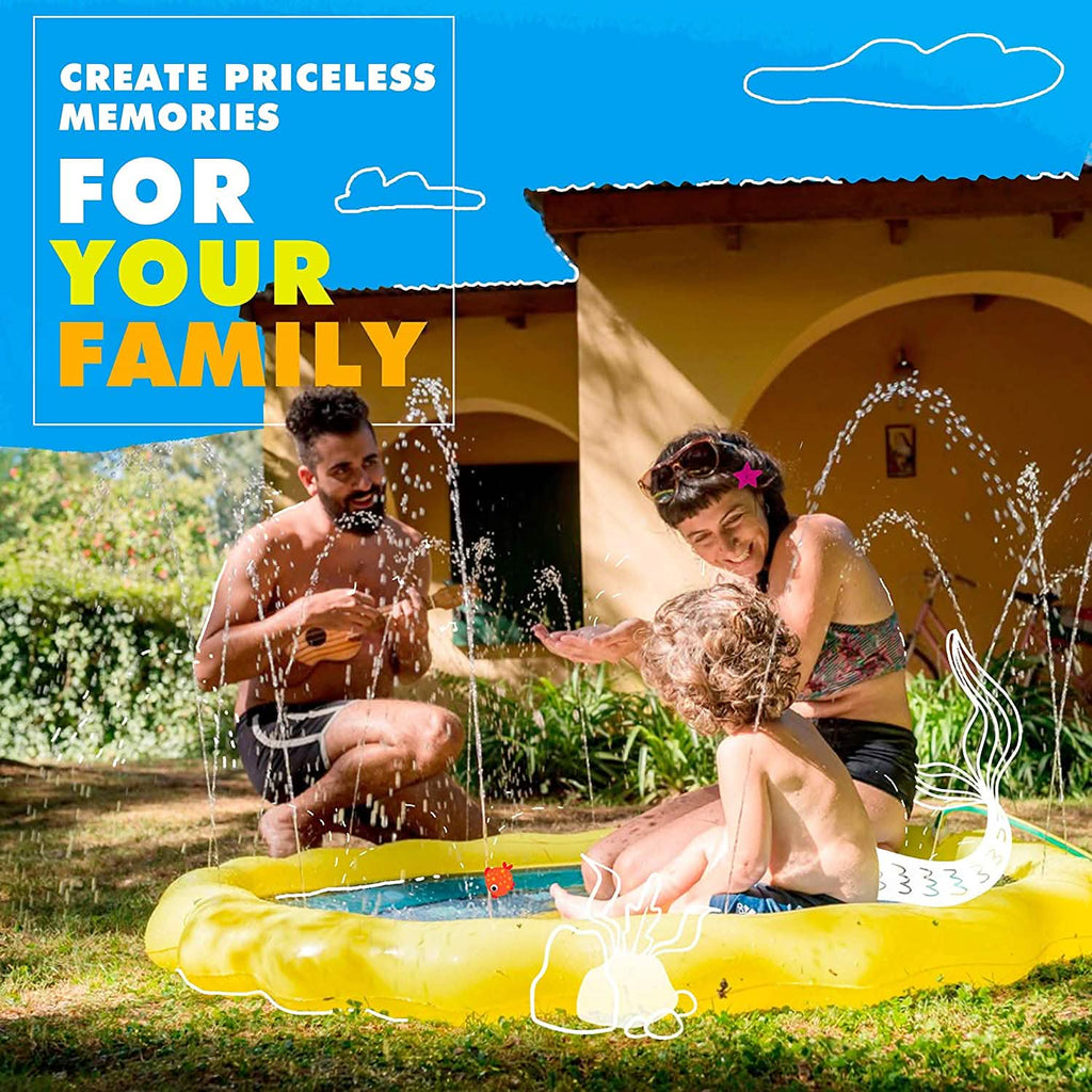 3-in-1 kids splash pad, yellow inflatable pool with family seated in shallow water