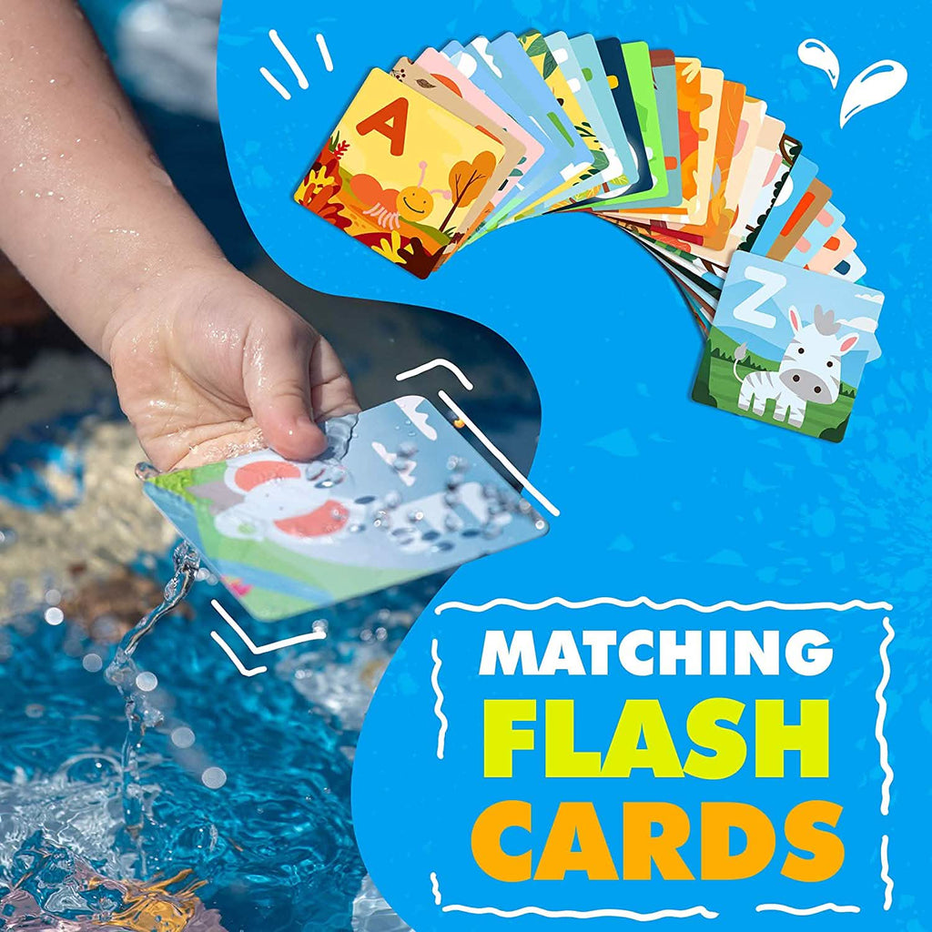 3-in-1 kids splash pad, hand placing matching flash cards on wet animal play surface