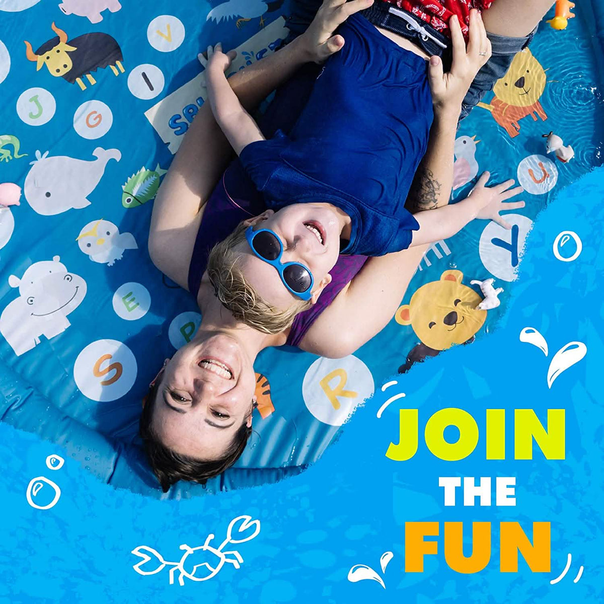 3-in-1 kids splash pad, blue inflatable with animal-print floor and children playing