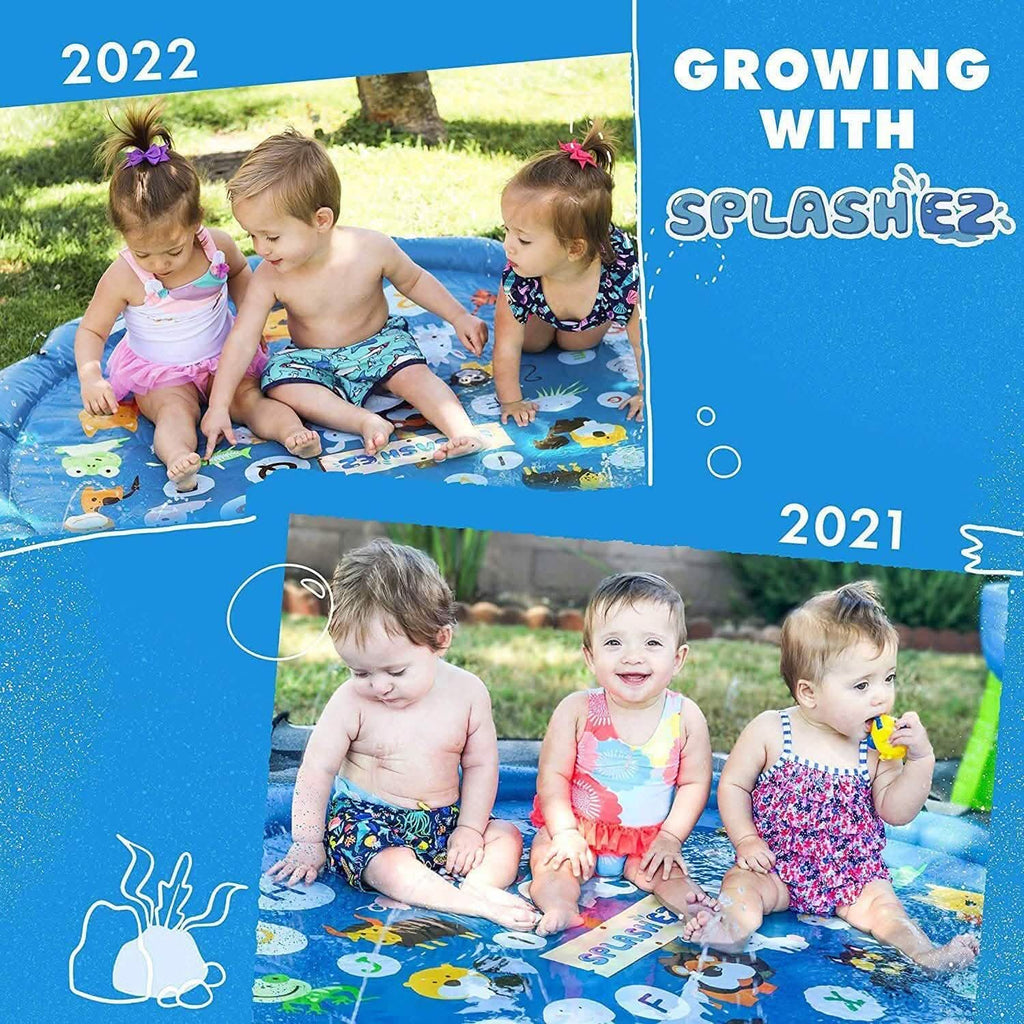 3-in-1 kids splash pad, three children sitting on animal-printed inflatable mat