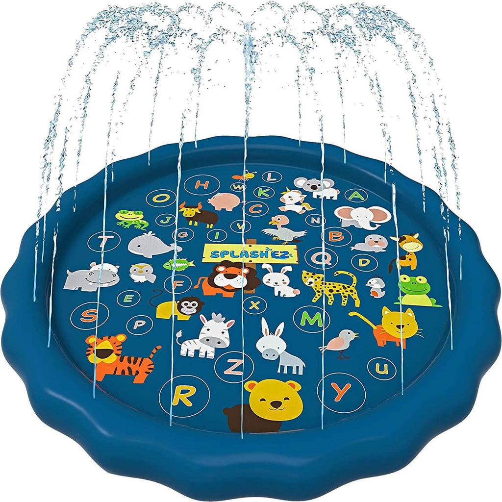 3-in-1 kids splash pad fountain, blue circular play mat with alphabet animal water jets