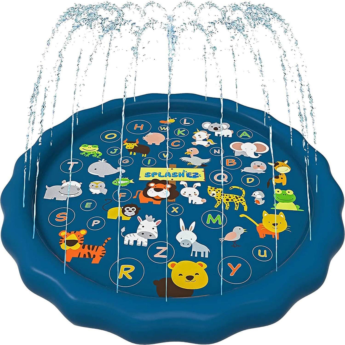 3-in-1 kids splash pad fountain, blue circular play mat with alphabet animal water jets