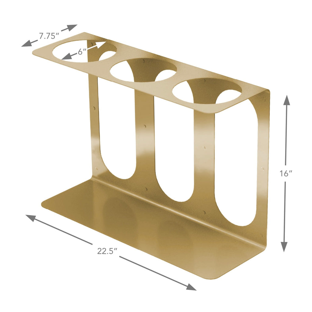 Gold yoga mat rack dimensions: 22.5 in wide, 16 in tall