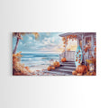 Framed autumn beach porch canvas with pumpkins and lanterns by the ocean