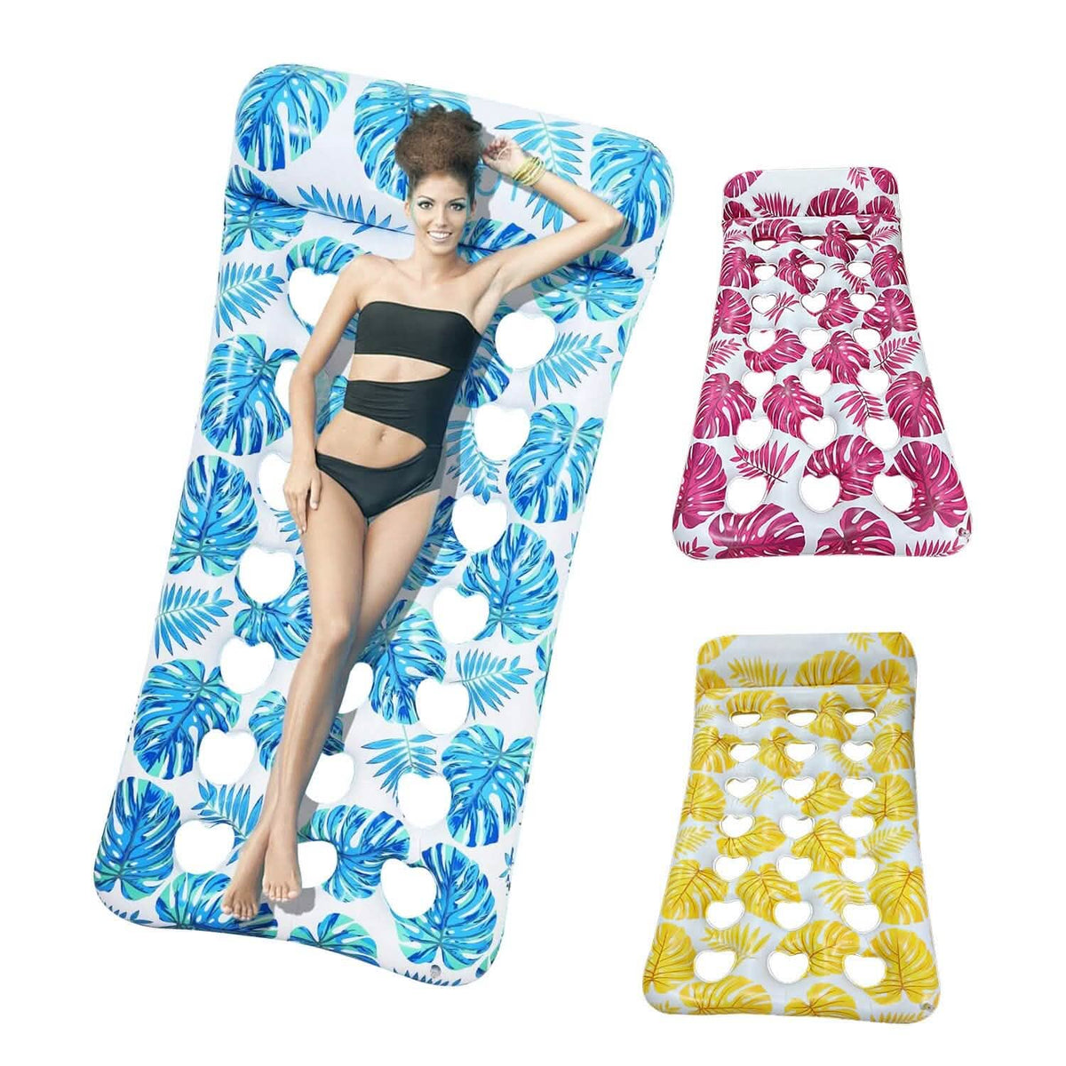 3-pack inflatable pool float rafts with headrest, blue, pink, and yellow leaf-and-water patterns