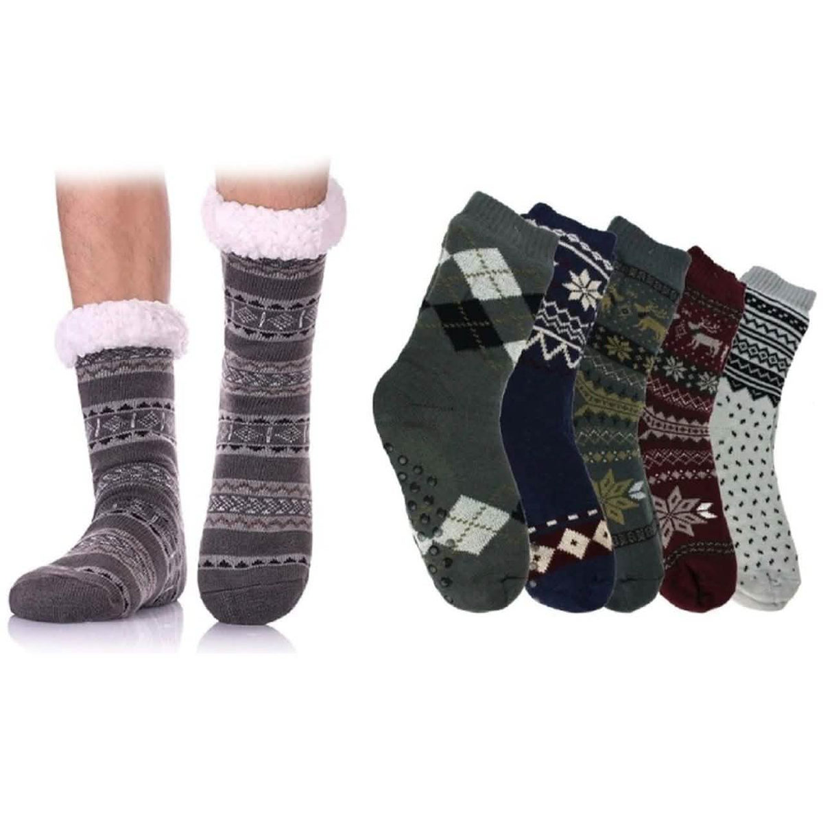 Men's fluffy sherpa slipper socks, assorted patterns and colors, crew length