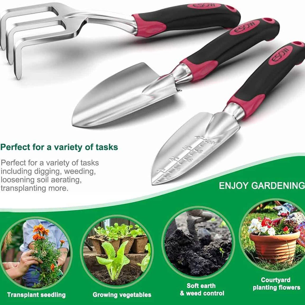 Three-piece gardening tools with shiny metal heads and black/red grips