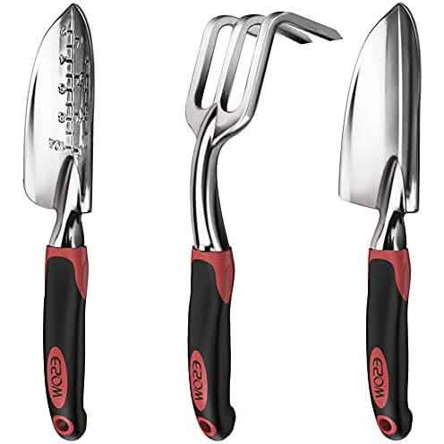 Three-piece gardening tool set with metal heads and black/red handles