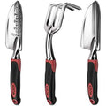 Three-piece gardening tool set with metal heads and black/red handles