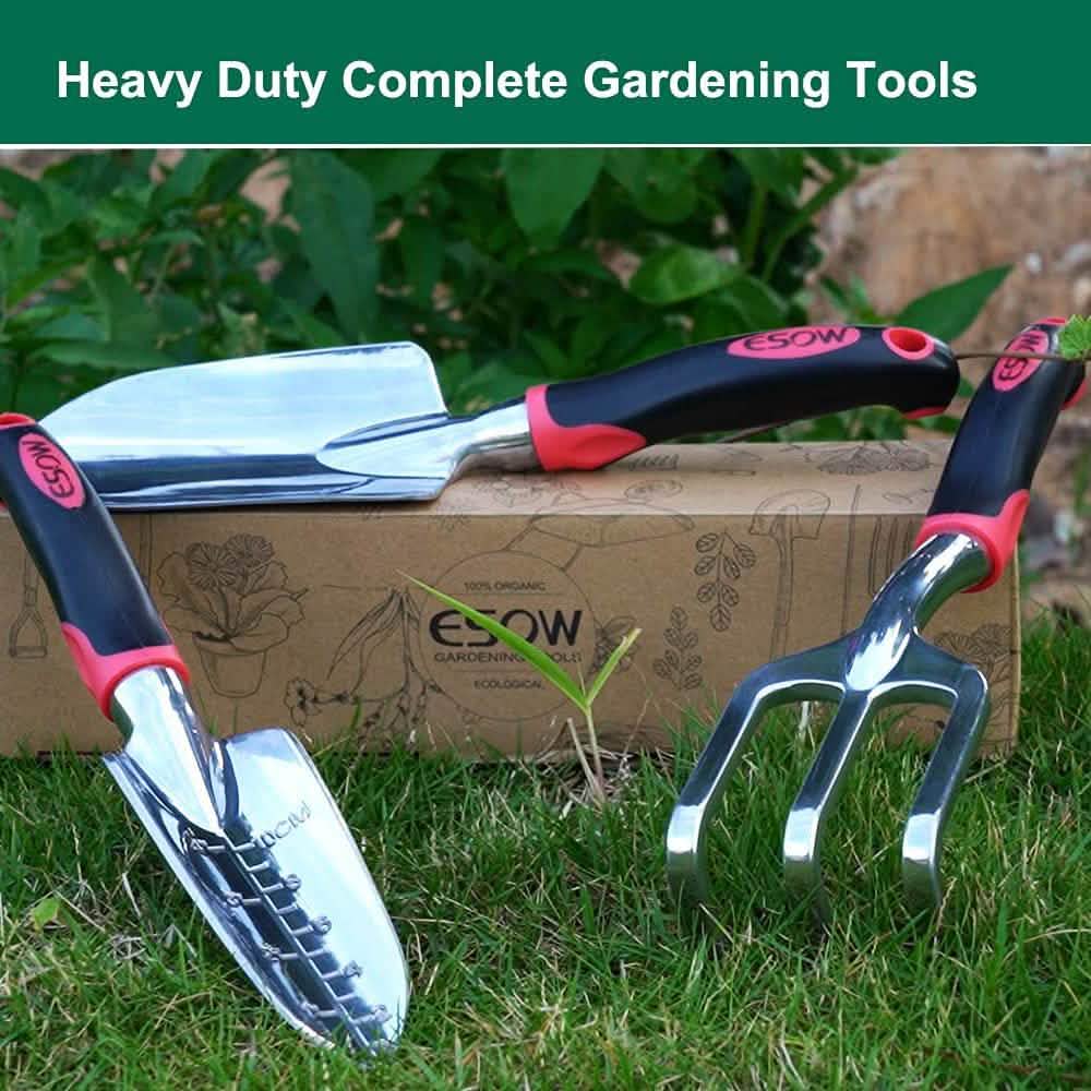 Three-piece heavy duty gardening tool set with metal heads and black/red handles