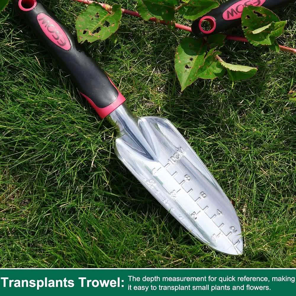 Transplanting trowel with metal scoop and black/red handle on grass