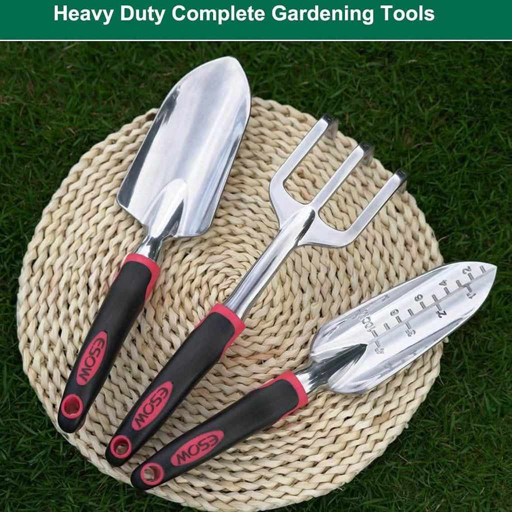 Three-piece gardening tool set with trowel, hand fork, and shovel on woven pad