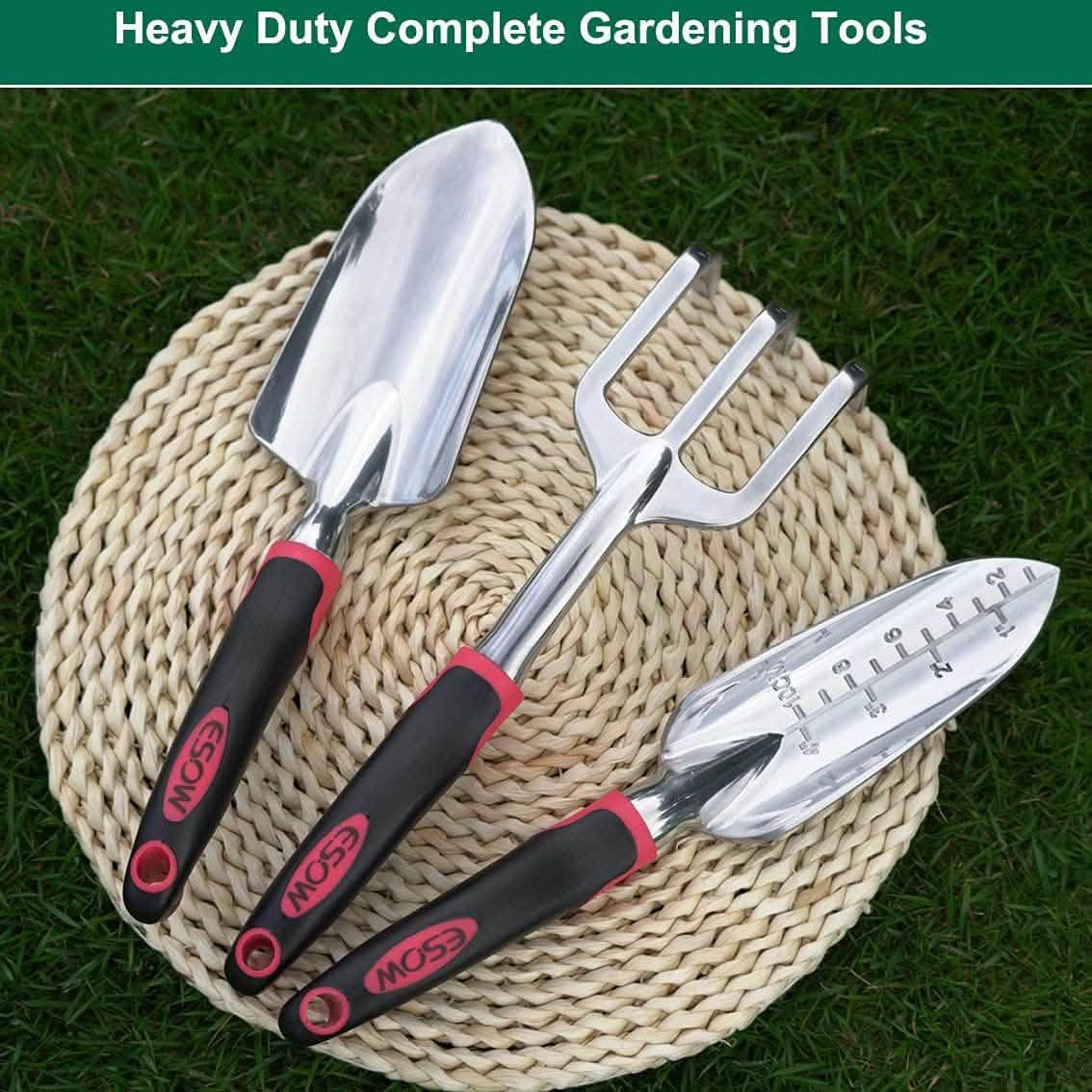 Three-piece gardening tool set with trowel, hand fork, and shovel on woven pad