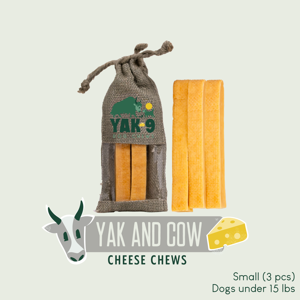 Yak & Cow cheese chew dog treats in fabric pouch with orange sticks, Small pack (3 pcs)