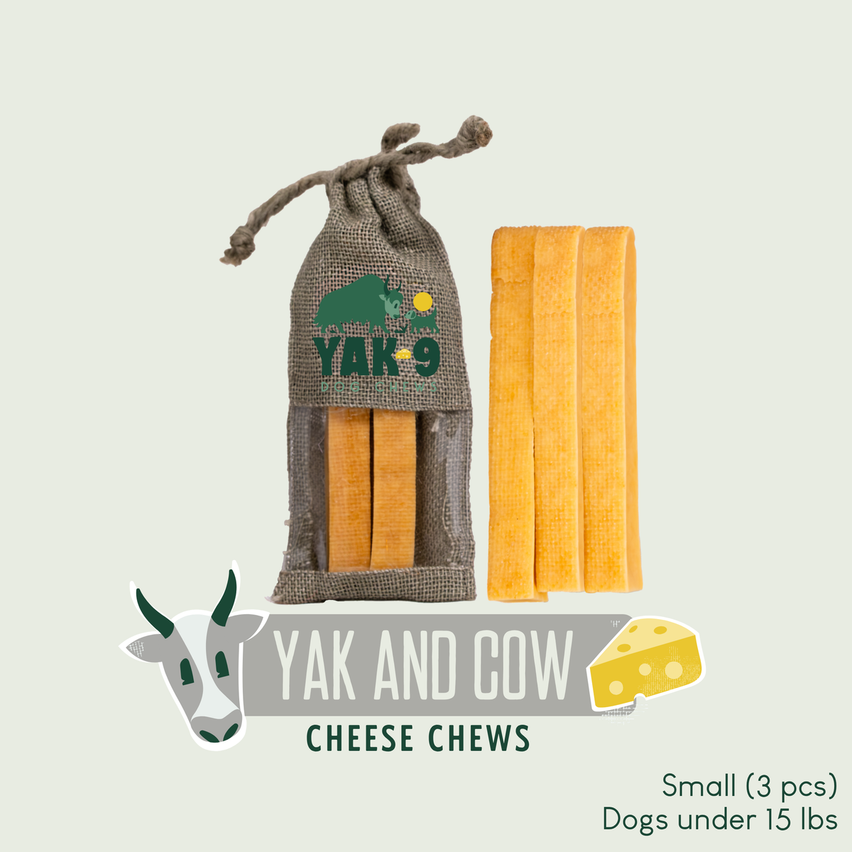 Yak & Cow cheese chew dog treats in fabric pouch with orange sticks, Small pack (3 pcs)