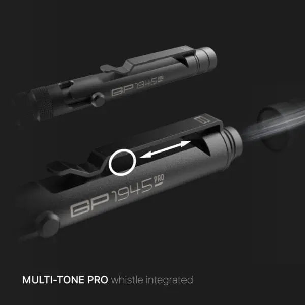 Dark bolt-action EDC pen with whistle opening detail