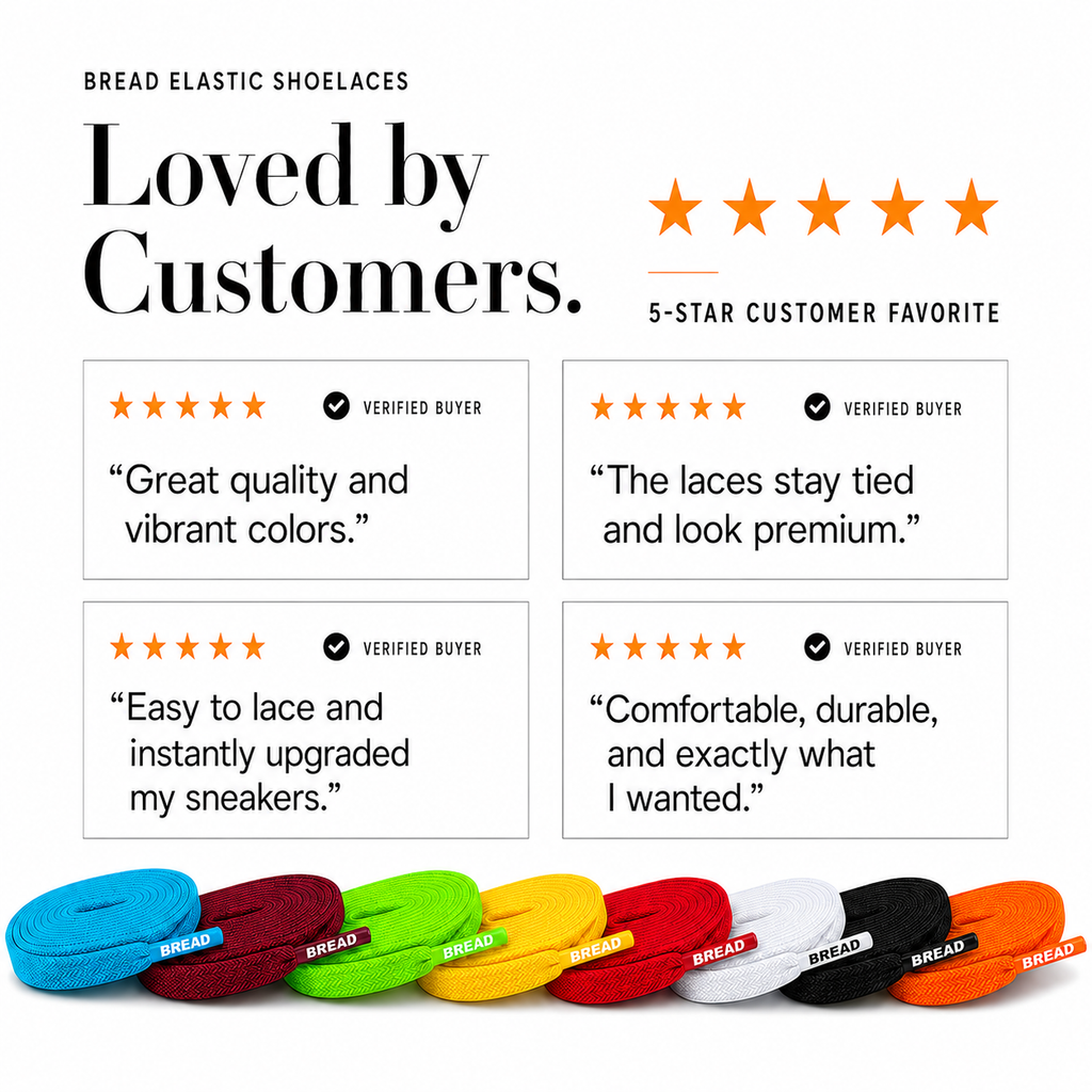 Multicolor elastic shoelaces arranged in a row, with customer rating blocks