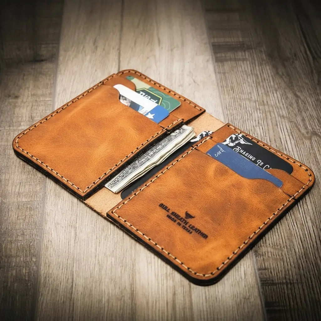 Open tan leather vertical wallet, card slots with cards and stacked bills