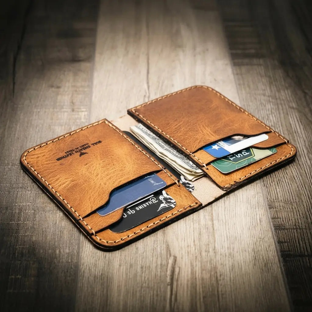 Two-panel tan leather wallet open, showing card slots and folded currency