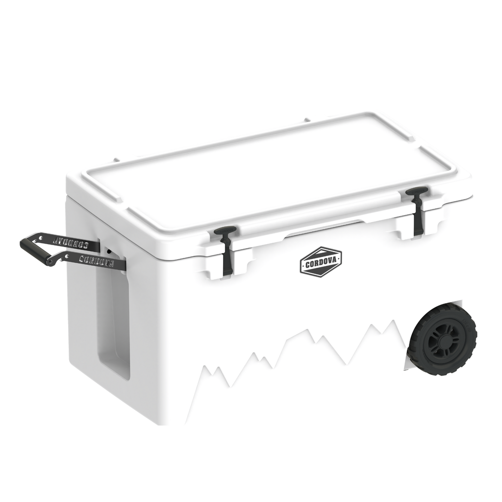 White wheeled cooler with top lid open and CORDOVA logo, rear corner view