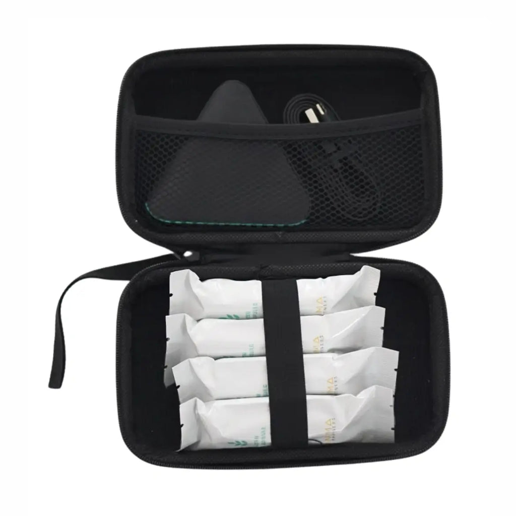 Open black travel case with top mesh pocket and packed wipes in central section