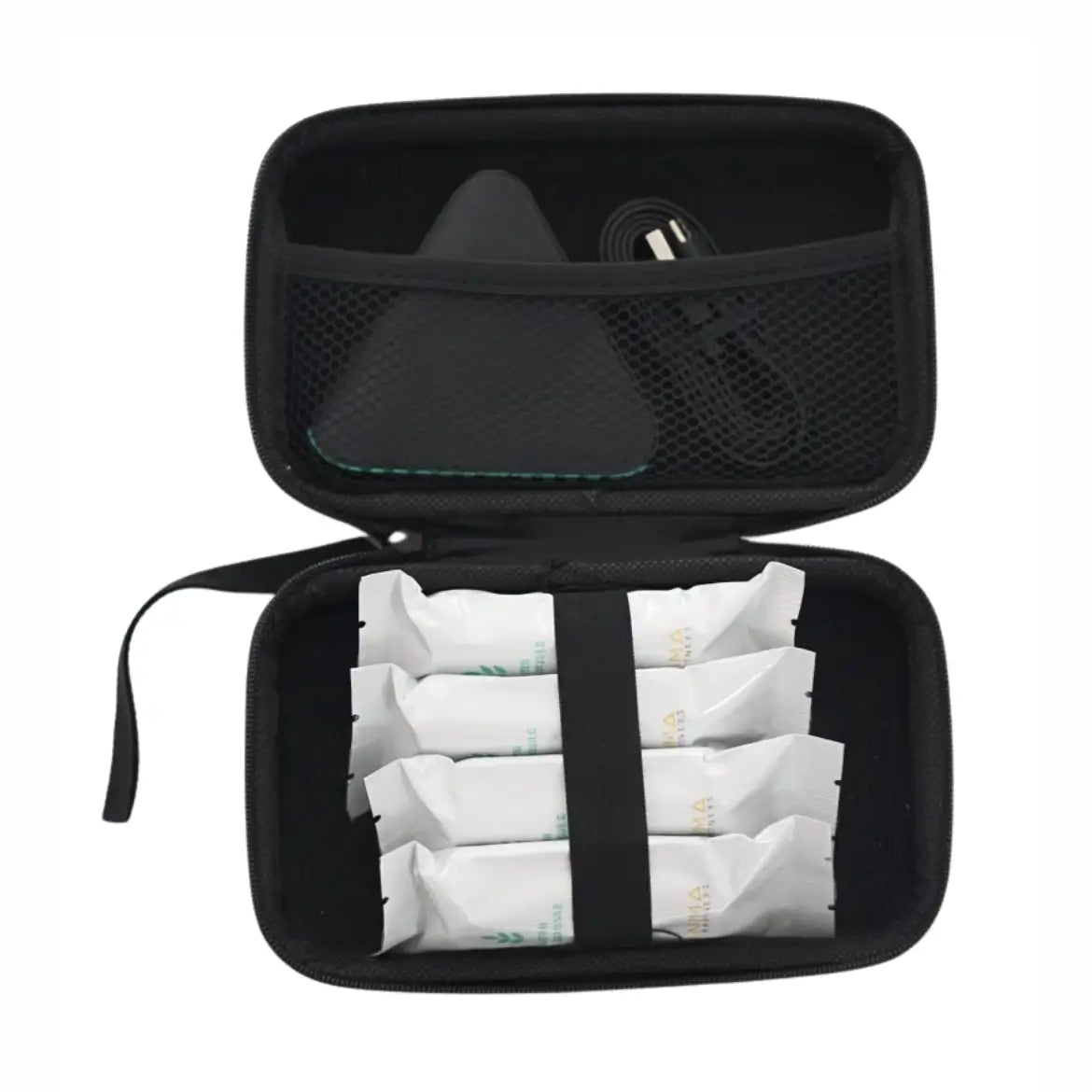 Open black travel case with top mesh pocket and packed wipes in central section