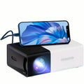 Mini HD projector with built-in lens, black and white body