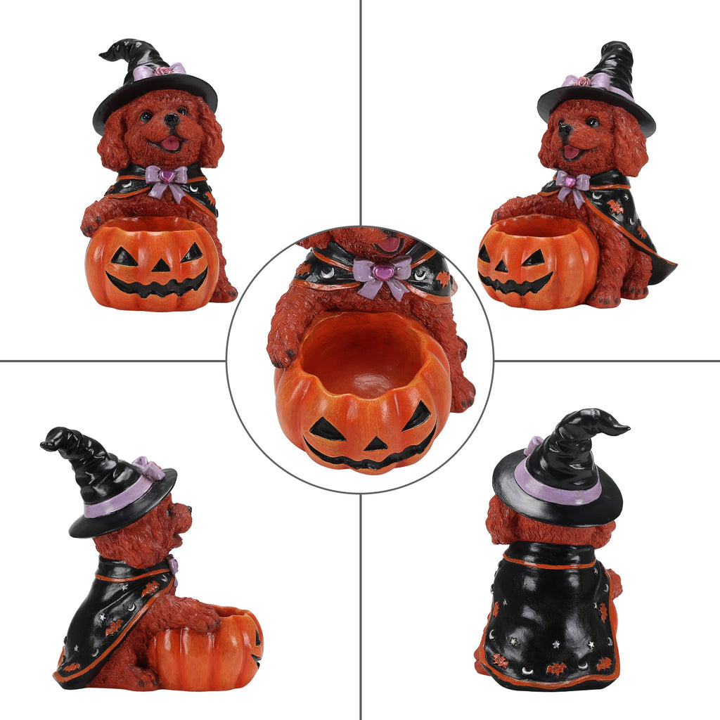 Dog witch pumpkin bowl figurine shown from front, side, and back