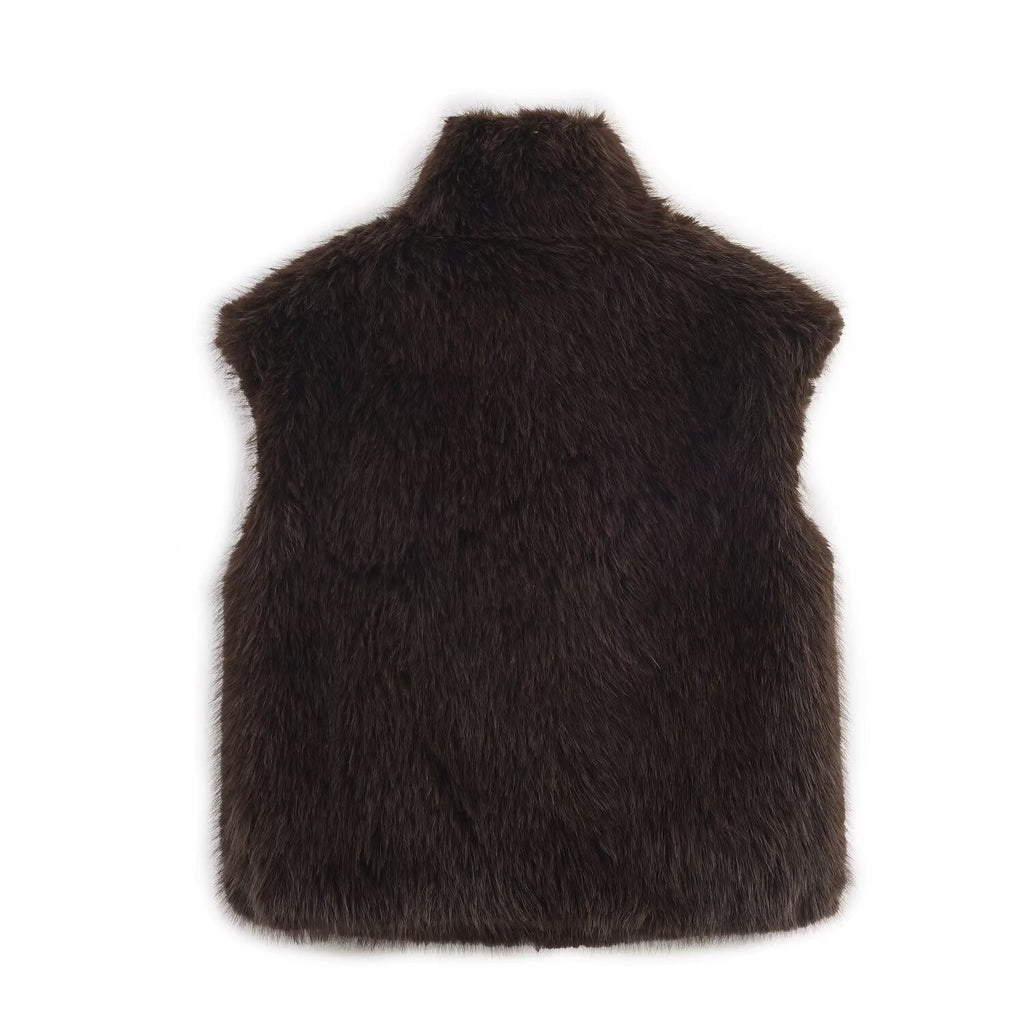 Brown plush faux fur high-neck vest, sleeveless with shaggy texture