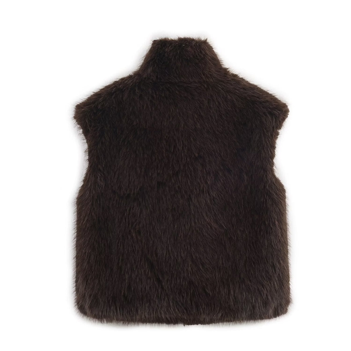 Brown plush faux fur high-neck vest, sleeveless with shaggy texture