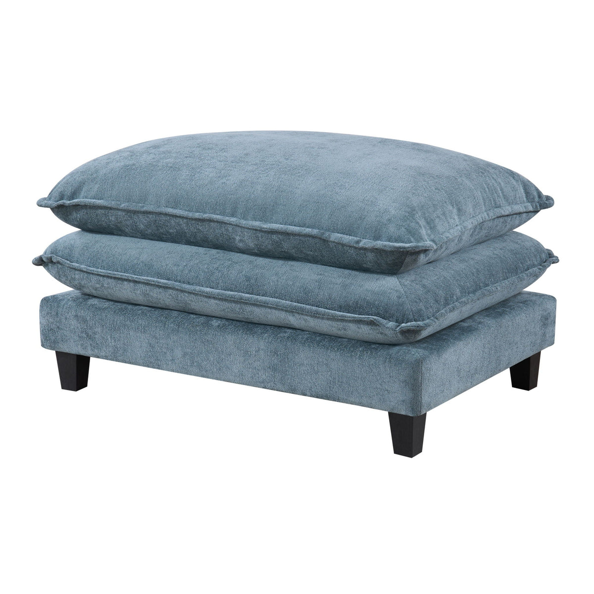 Light blue sectional sofa with removable ottomans, square armrests, cushioned seat