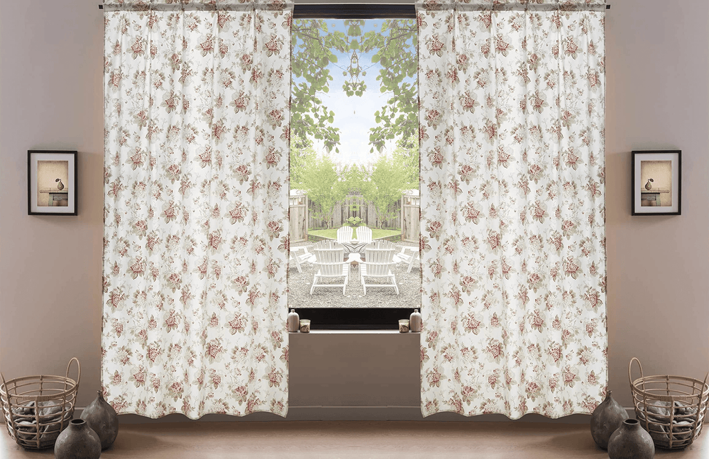 Sheer floral window curtain set with two panels, cream base and pink rose pattern