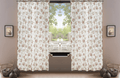 Sheer floral window curtain set with two panels, cream base and pink rose pattern