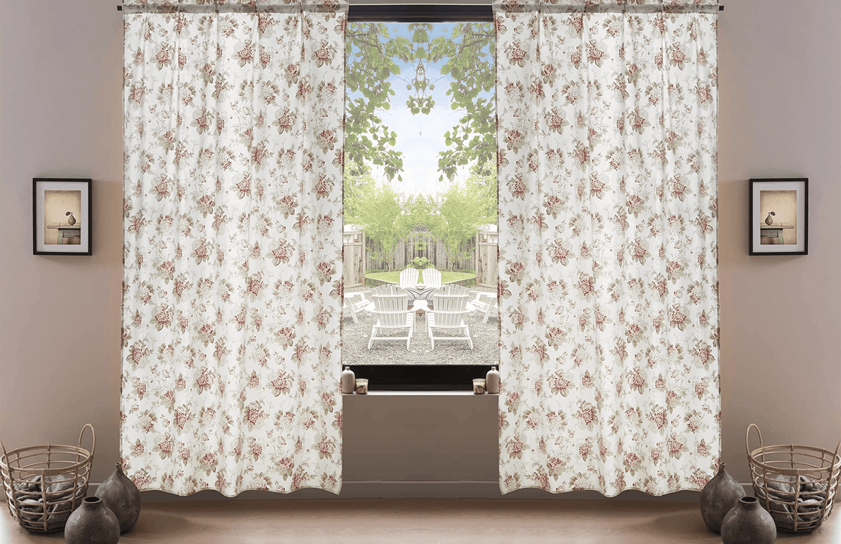Sheer floral window curtain set with two panels, cream base and pink rose pattern
