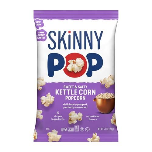 Skinny Pop sweet & salty kettle corn popcorn bag, purple and white front