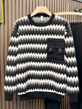 Men's plus size striped round-neck sweater, black and white chevron, front pocket