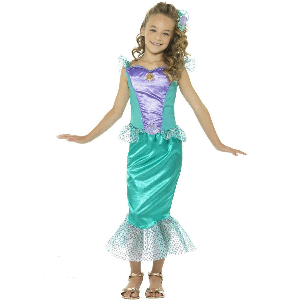 Girls mermaid fancy dress with purple bodice, teal skirt, and white tulle accents