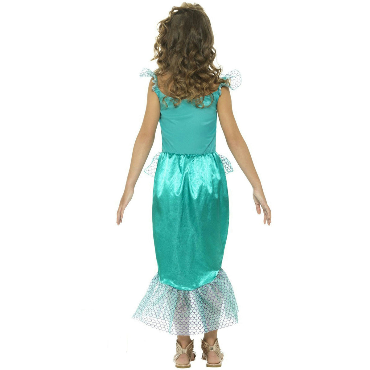 Girls mermaid fancy dress, teal satin dress with mesh tail hem and bow trim