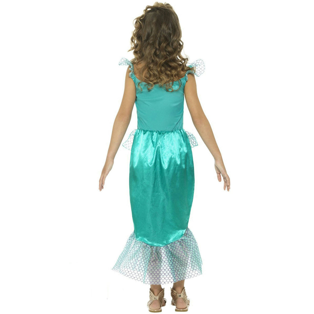 Girls mermaid fancy dress back view, teal skirt with white tulle hem and ruffles