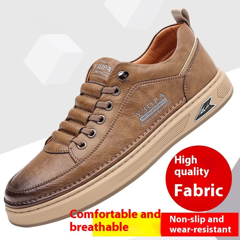 Khaki leather lace-up flat shoes with cushioned sole, side view