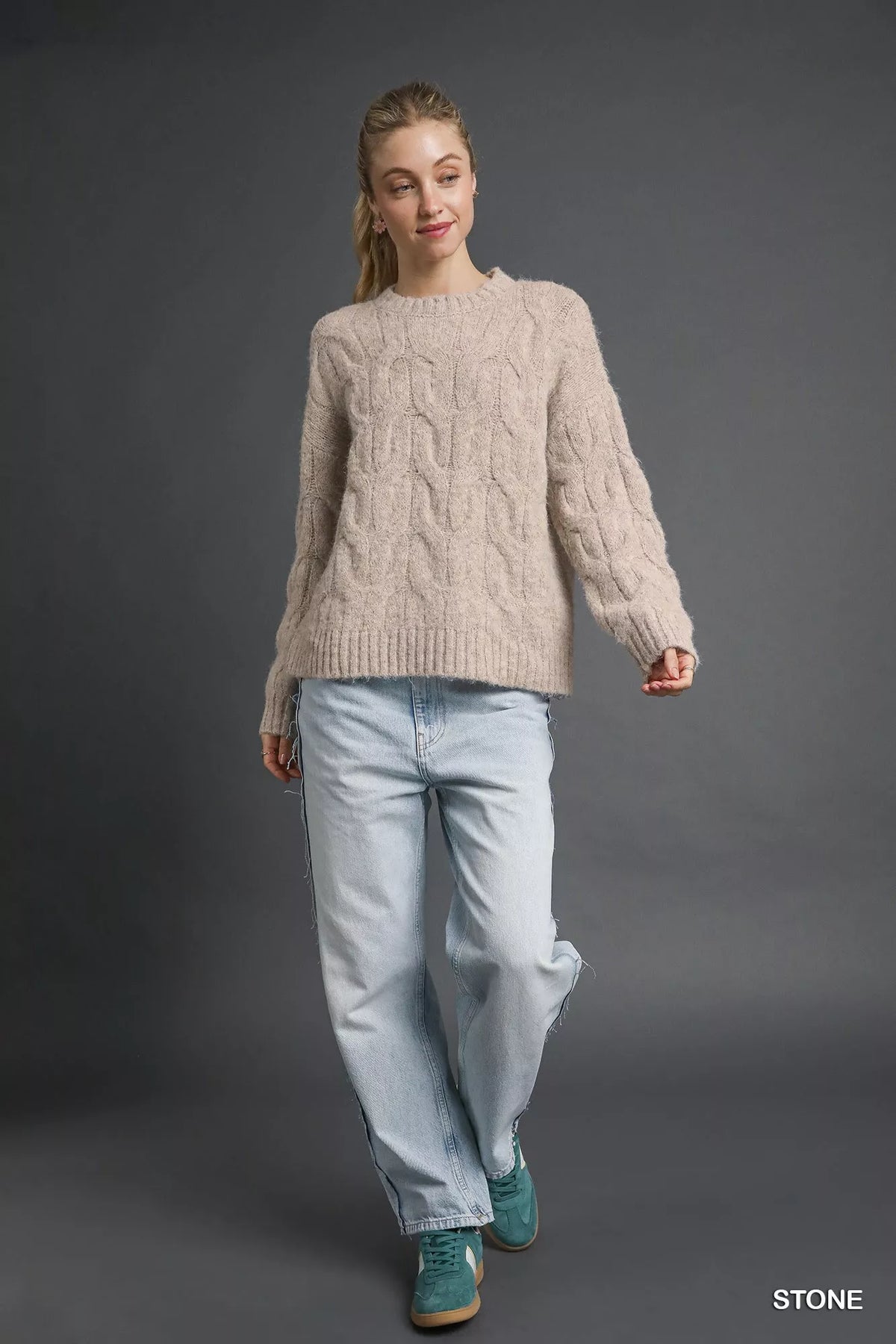 Stone cable-knit crewneck sweater with long sleeves, full-body view