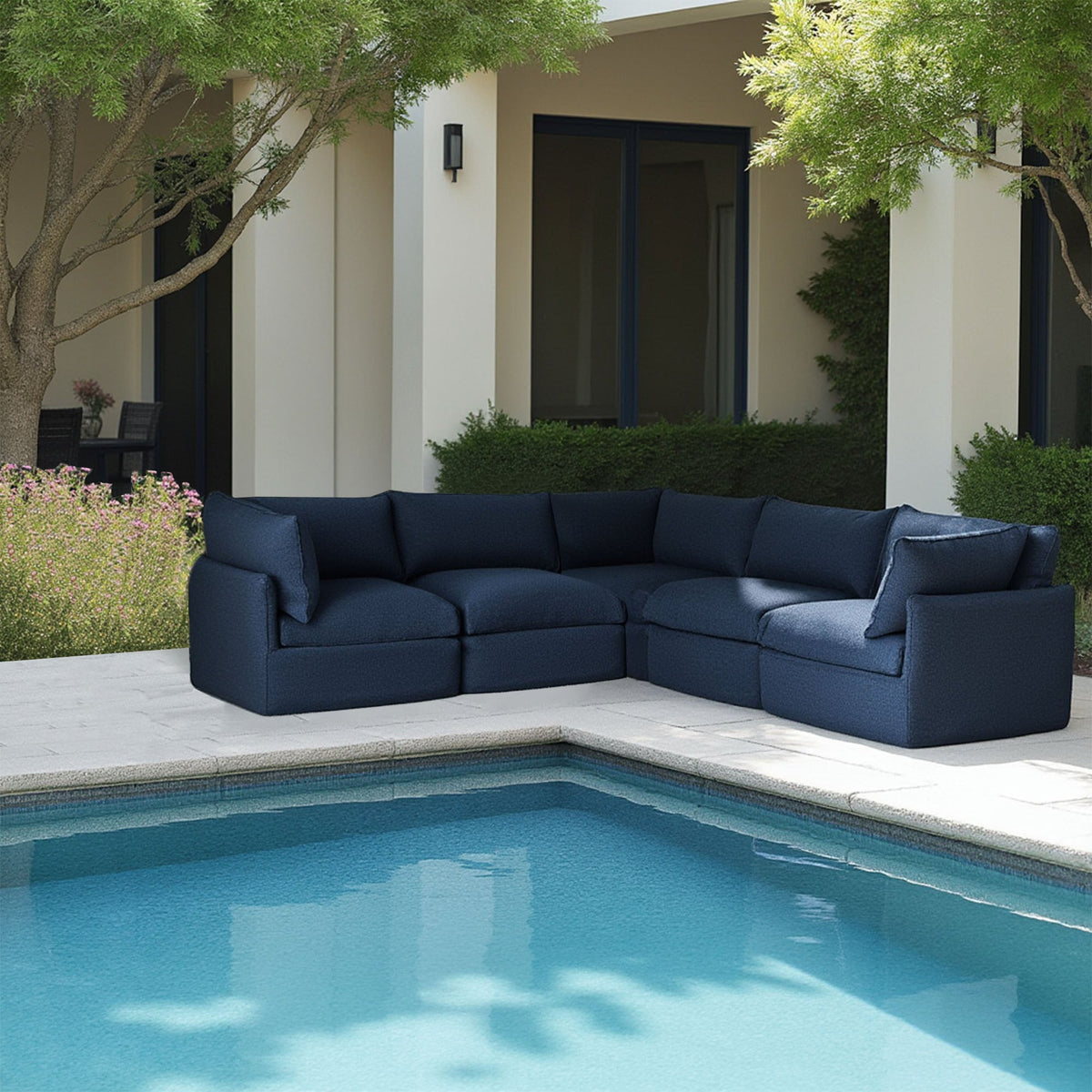 Blue L-shaped modular patio sectional sofa, corner chaise with wide back cushions