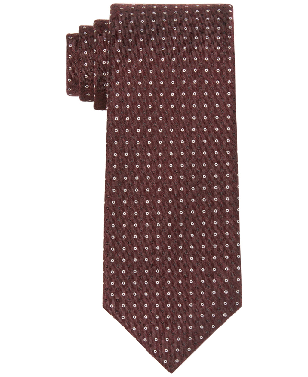 Men's classic tie in maroon with repeating small dotted circle pattern