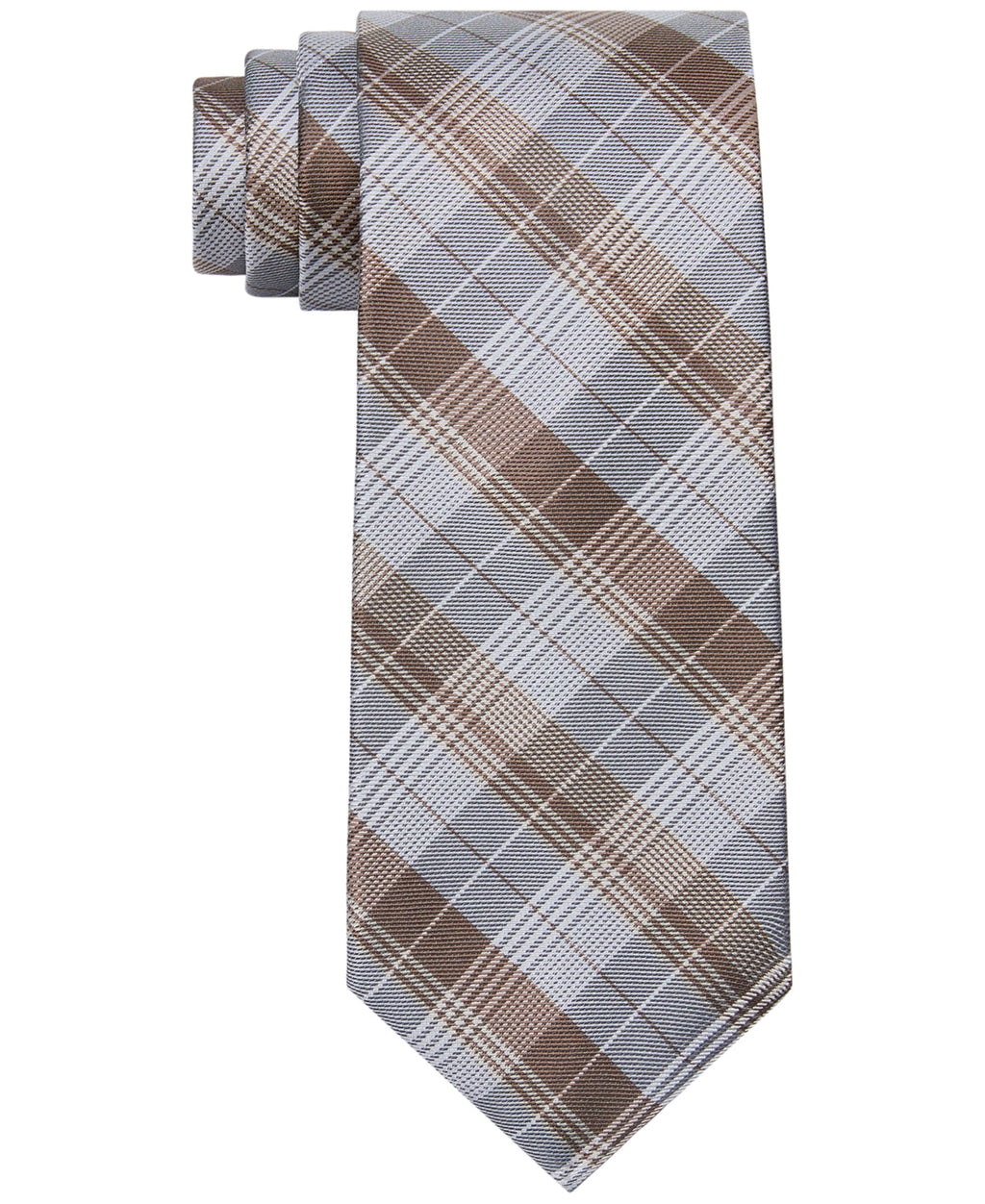 Men's classic tie in beige and brown plaid with light grid lines