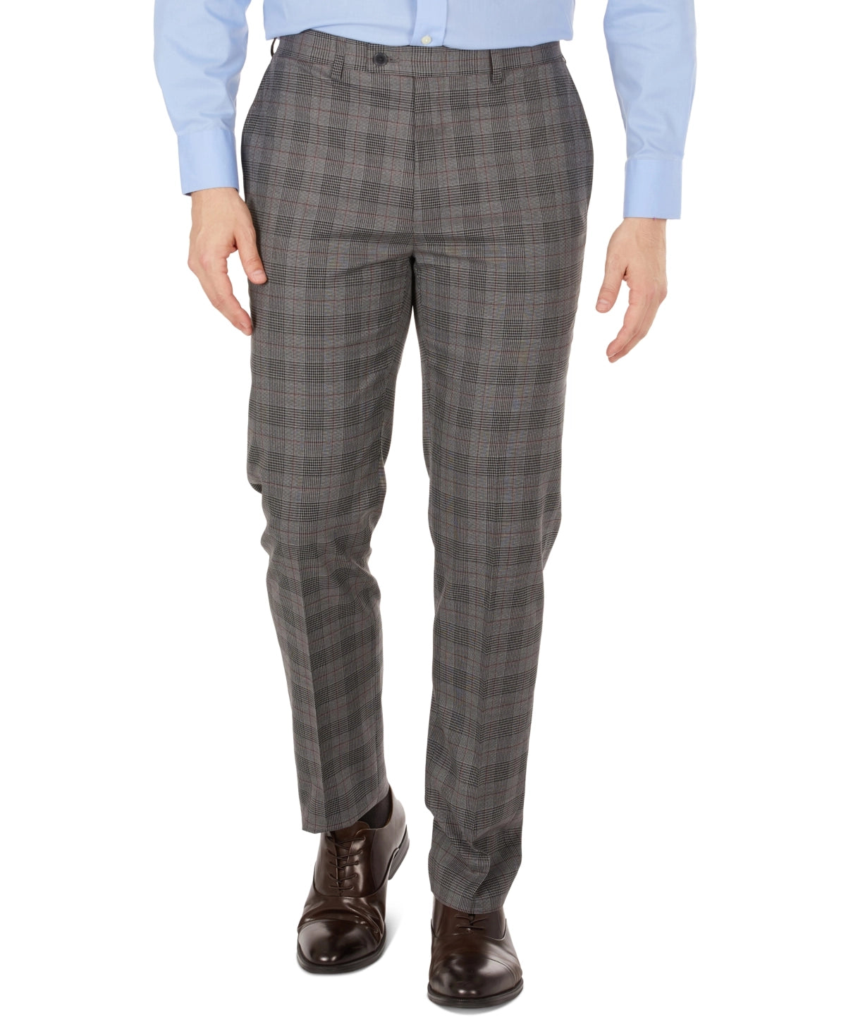 Men's slim-fit dress pants in grey check plaid, flat front, belt loops, slim legs