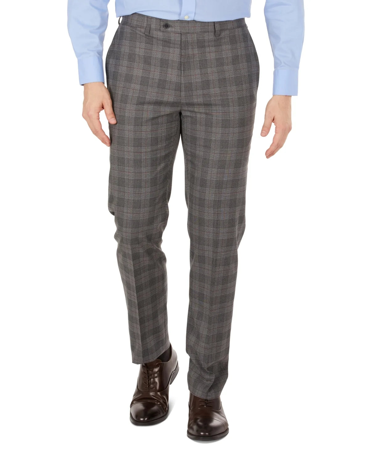 Men's slim-fit dress pants in grey check plaid, belt loops, tailored straight legs