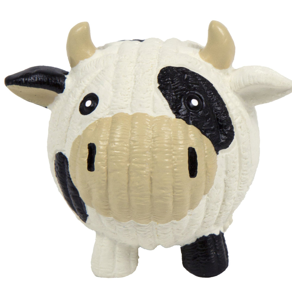 White and tan cow-shaped latex dog ball toy with black nose and big eyes