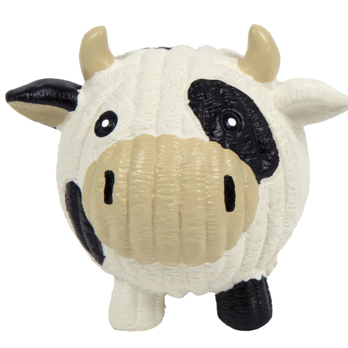 White and tan cow-shaped latex dog ball toy with black nose and big eyes